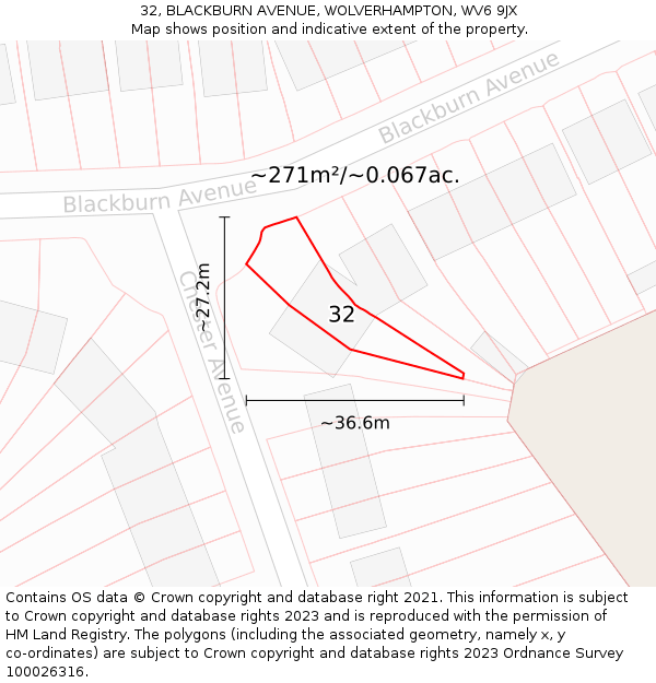 32, BLACKBURN AVENUE, WOLVERHAMPTON, WV6 9JX: Plot and title map