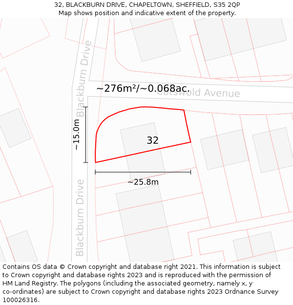 32, BLACKBURN DRIVE, CHAPELTOWN, SHEFFIELD, S35 2QP: Plot and title map