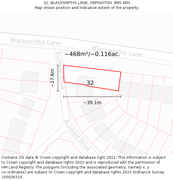 32, BLACKSMITHS LANE, ORPINGTON, BR5 4EN: Plot and title map