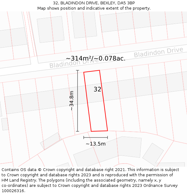 32, BLADINDON DRIVE, BEXLEY, DA5 3BP: Plot and title map