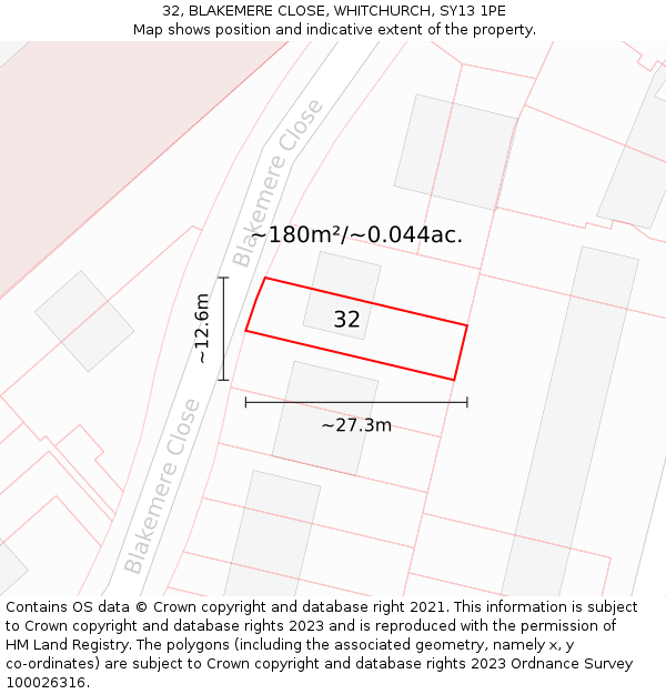 32, BLAKEMERE CLOSE, WHITCHURCH, SY13 1PE: Plot and title map