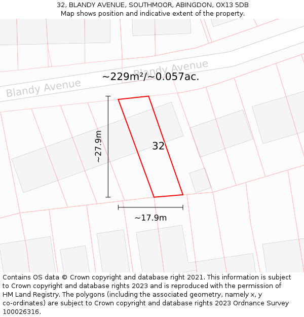 32, BLANDY AVENUE, SOUTHMOOR, ABINGDON, OX13 5DB: Plot and title map