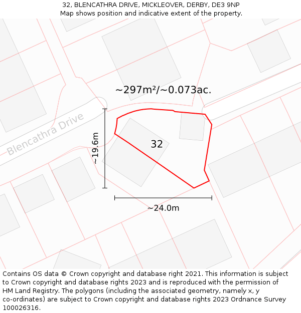 32, BLENCATHRA DRIVE, MICKLEOVER, DERBY, DE3 9NP: Plot and title map