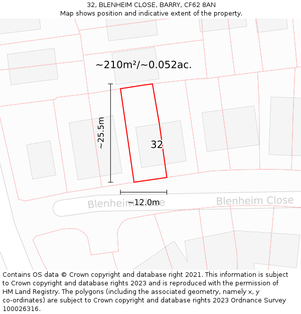 32, BLENHEIM CLOSE, BARRY, CF62 8AN: Plot and title map