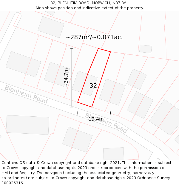 32, BLENHEIM ROAD, NORWICH, NR7 8AH: Plot and title map