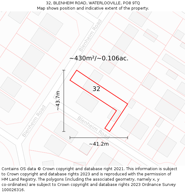 32, BLENHEIM ROAD, WATERLOOVILLE, PO8 9TQ: Plot and title map