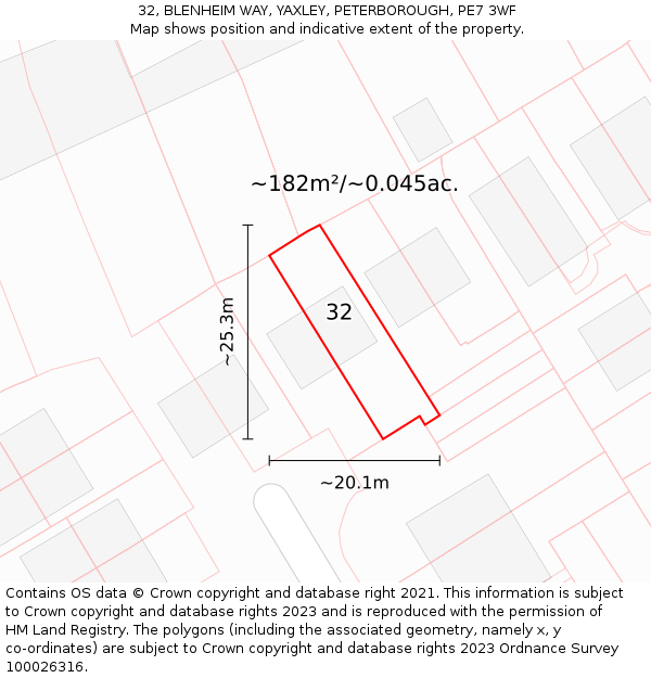 32, BLENHEIM WAY, YAXLEY, PETERBOROUGH, PE7 3WF: Plot and title map