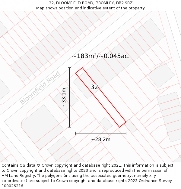 32, BLOOMFIELD ROAD, BROMLEY, BR2 9RZ: Plot and title map