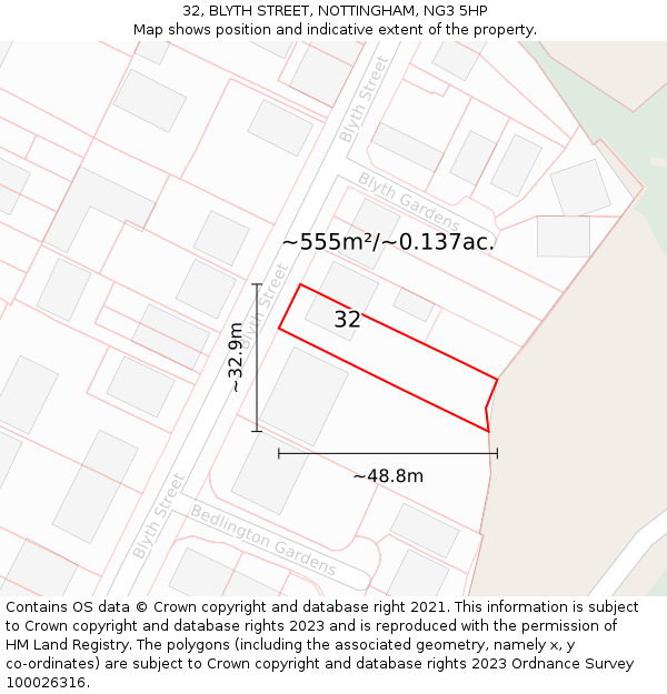 32, BLYTH STREET, NOTTINGHAM, NG3 5HP: Plot and title map