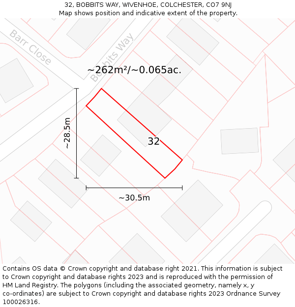 32, BOBBITS WAY, WIVENHOE, COLCHESTER, CO7 9NJ: Plot and title map