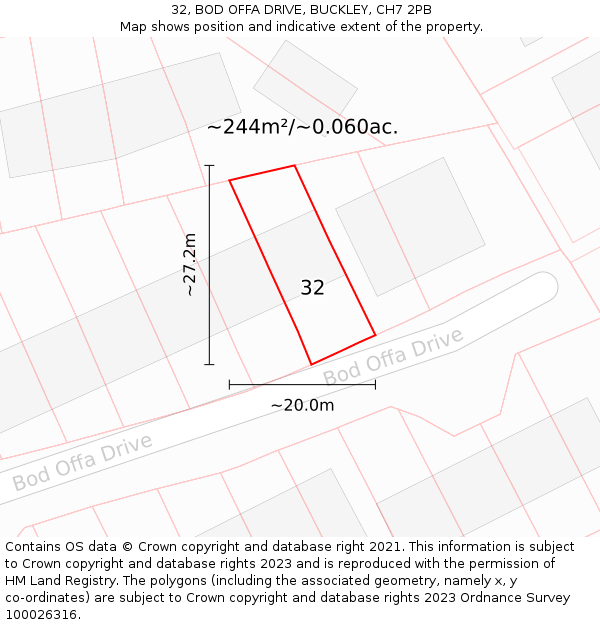 32, BOD OFFA DRIVE, BUCKLEY, CH7 2PB: Plot and title map