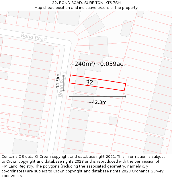 32, BOND ROAD, SURBITON, KT6 7SH: Plot and title map