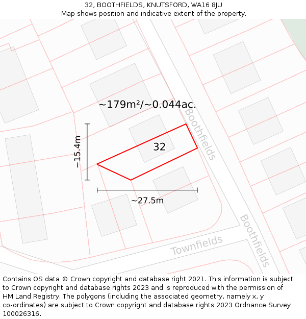 32, BOOTHFIELDS, KNUTSFORD, WA16 8JU: Plot and title map