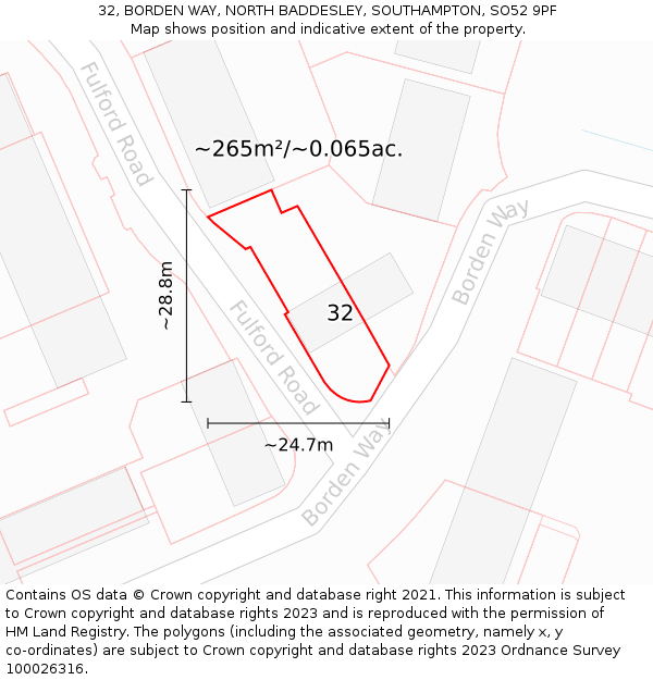 32, BORDEN WAY, NORTH BADDESLEY, SOUTHAMPTON, SO52 9PF: Plot and title map