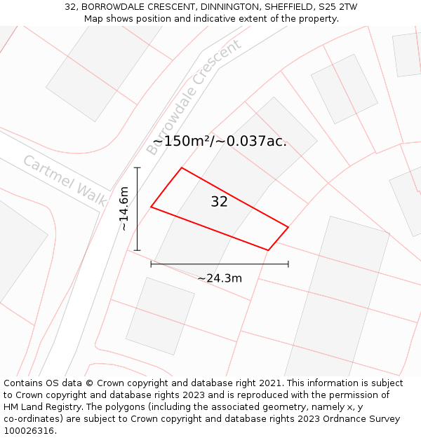 32, BORROWDALE CRESCENT, DINNINGTON, SHEFFIELD, S25 2TW: Plot and title map