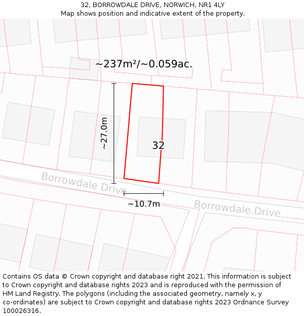 32, BORROWDALE DRIVE, NORWICH, NR1 4LY: Plot and title map