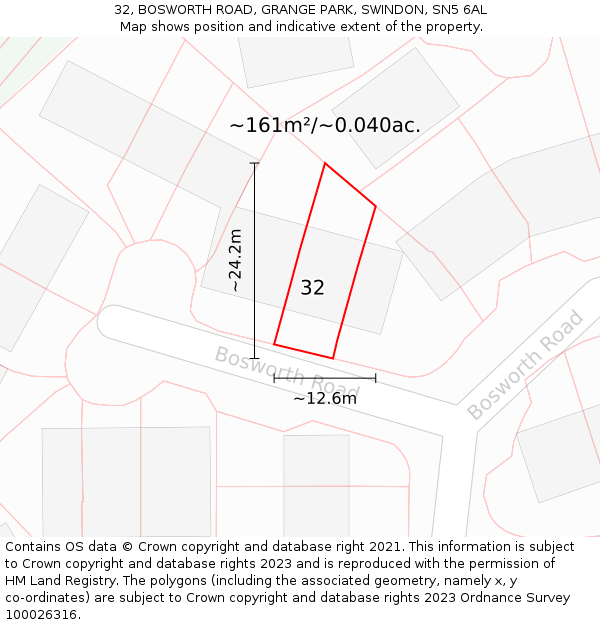 32, BOSWORTH ROAD, GRANGE PARK, SWINDON, SN5 6AL: Plot and title map
