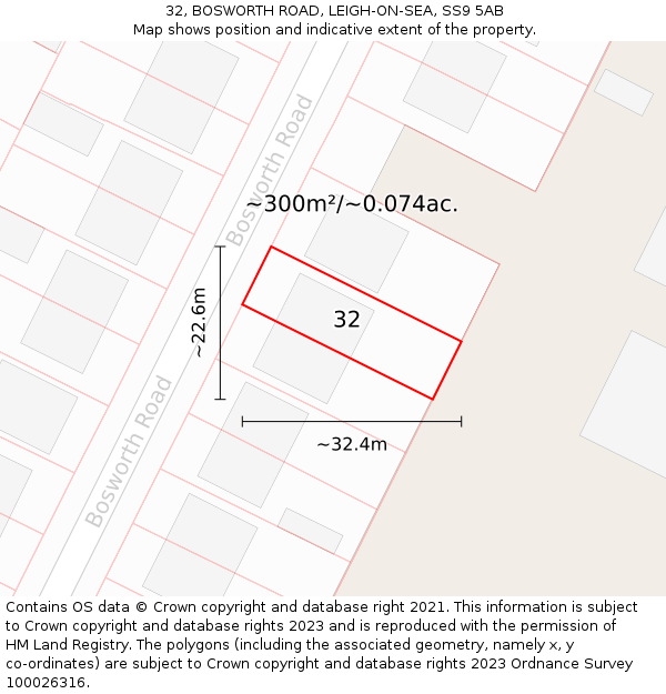 32, BOSWORTH ROAD, LEIGH-ON-SEA, SS9 5AB: Plot and title map