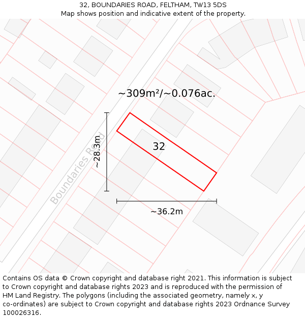 32, BOUNDARIES ROAD, FELTHAM, TW13 5DS: Plot and title map