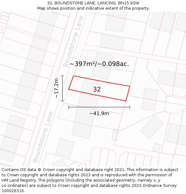 32, BOUNDSTONE LANE, LANCING, BN15 9QW: Plot and title map