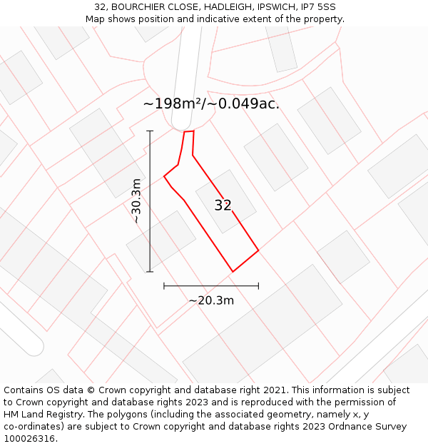 32, BOURCHIER CLOSE, HADLEIGH, IPSWICH, IP7 5SS: Plot and title map