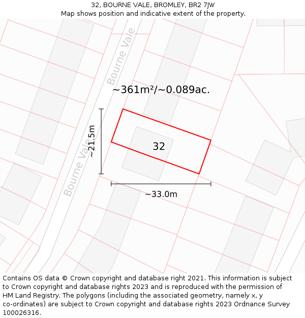 32, BOURNE VALE, BROMLEY, BR2 7JW: Plot and title map
