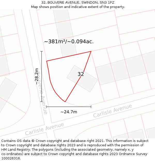 32, BOUVERIE AVENUE, SWINDON, SN3 1PZ: Plot and title map