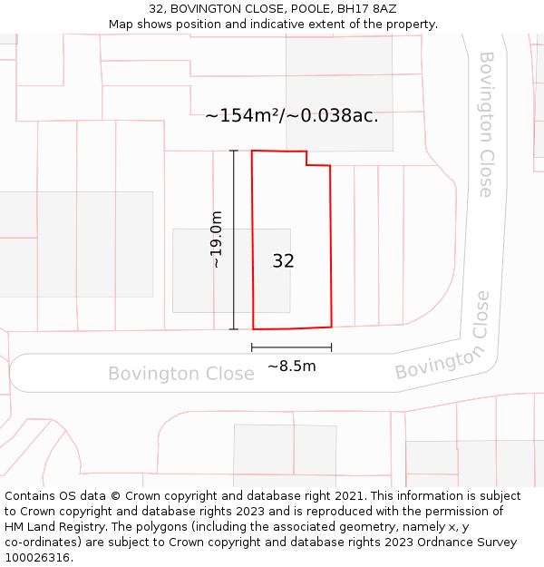 32, BOVINGTON CLOSE, POOLE, BH17 8AZ: Plot and title map