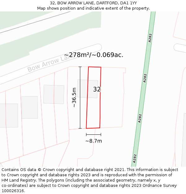 32, BOW ARROW LANE, DARTFORD, DA1 1YY: Plot and title map