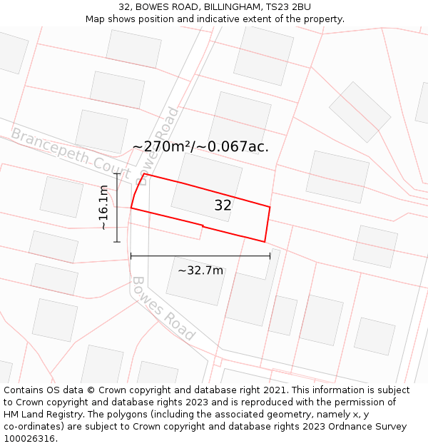 32, BOWES ROAD, BILLINGHAM, TS23 2BU: Plot and title map