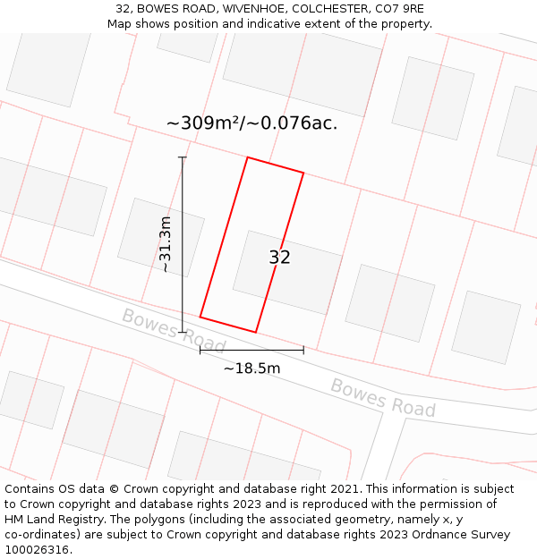 32, BOWES ROAD, WIVENHOE, COLCHESTER, CO7 9RE: Plot and title map