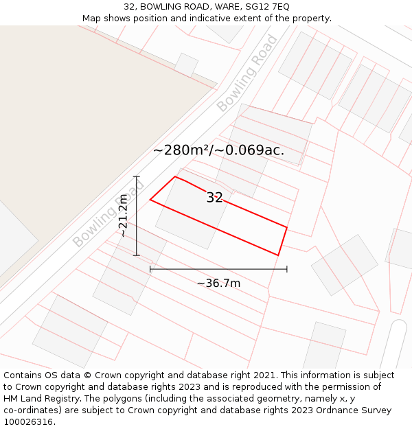 32, BOWLING ROAD, WARE, SG12 7EQ: Plot and title map