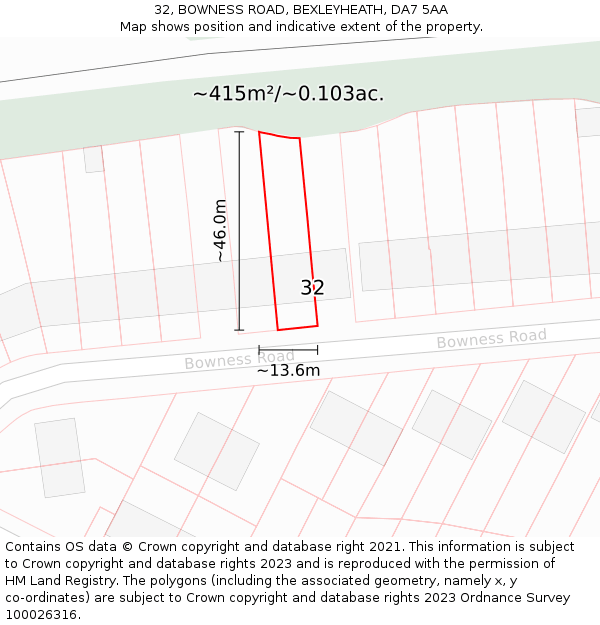 32, BOWNESS ROAD, BEXLEYHEATH, DA7 5AA: Plot and title map