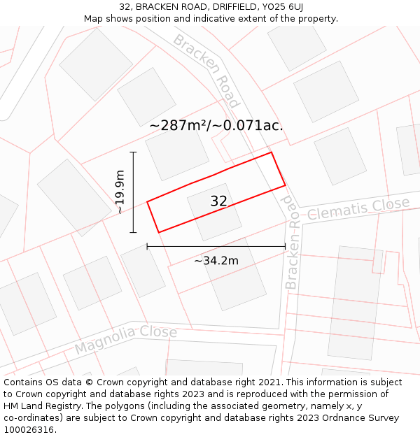 32, BRACKEN ROAD, DRIFFIELD, YO25 6UJ: Plot and title map