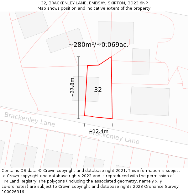 32, BRACKENLEY LANE, EMBSAY, SKIPTON, BD23 6NP: Plot and title map