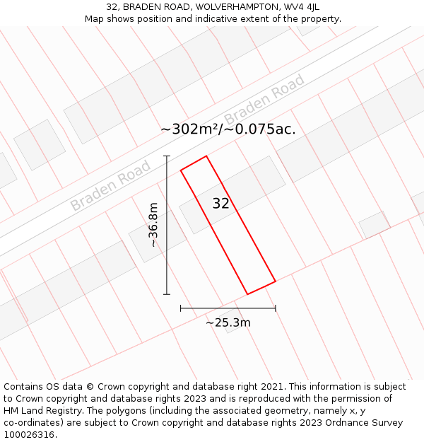 32, BRADEN ROAD, WOLVERHAMPTON, WV4 4JL: Plot and title map