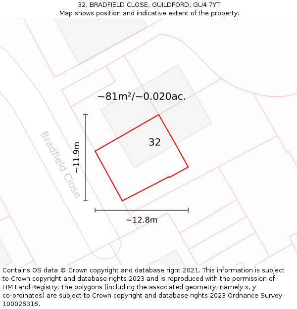 32, BRADFIELD CLOSE, GUILDFORD, GU4 7YT: Plot and title map