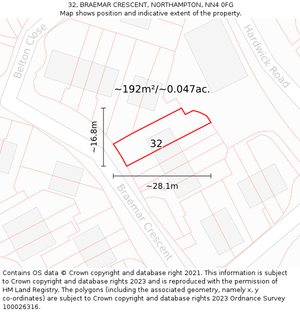 32, BRAEMAR CRESCENT, NORTHAMPTON, NN4 0FG: Plot and title map
