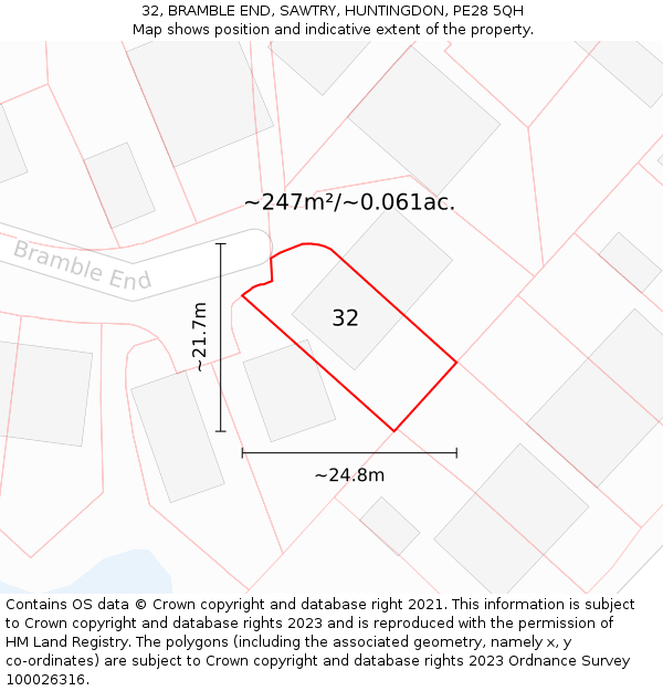 32, BRAMBLE END, SAWTRY, HUNTINGDON, PE28 5QH: Plot and title map