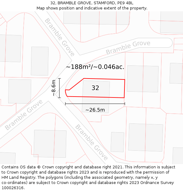 32, BRAMBLE GROVE, STAMFORD, PE9 4BL: Plot and title map