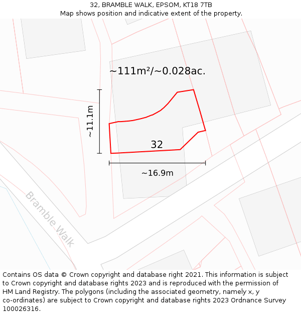 32, BRAMBLE WALK, EPSOM, KT18 7TB: Plot and title map