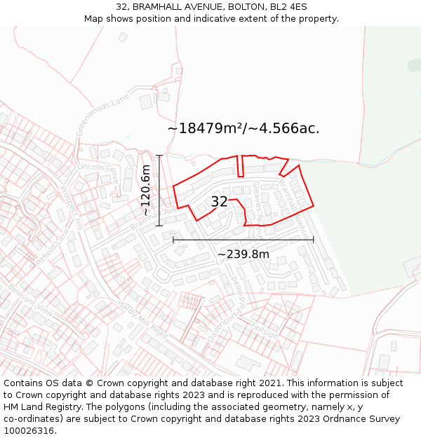32, BRAMHALL AVENUE, BOLTON, BL2 4ES: Plot and title map