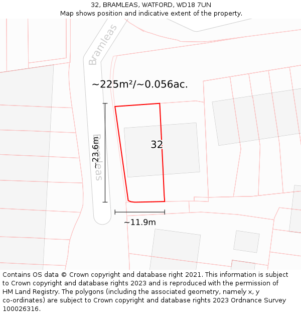 32, BRAMLEAS, WATFORD, WD18 7UN: Plot and title map