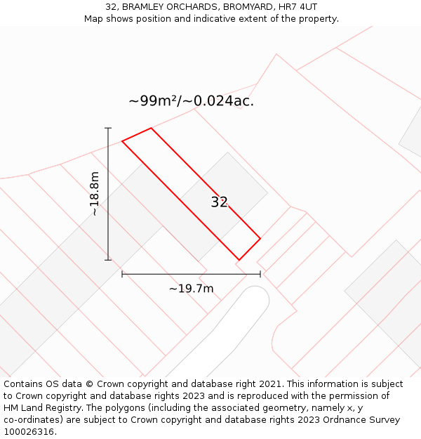 32, BRAMLEY ORCHARDS, BROMYARD, HR7 4UT: Plot and title map