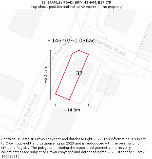 32, BRAMLEY ROAD, BIRMINGHAM, B27 6TR: Plot and title map