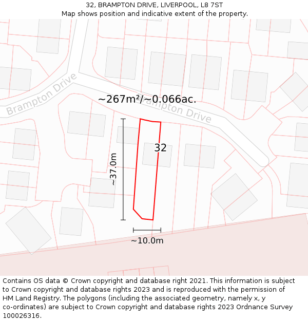 32, BRAMPTON DRIVE, LIVERPOOL, L8 7ST: Plot and title map
