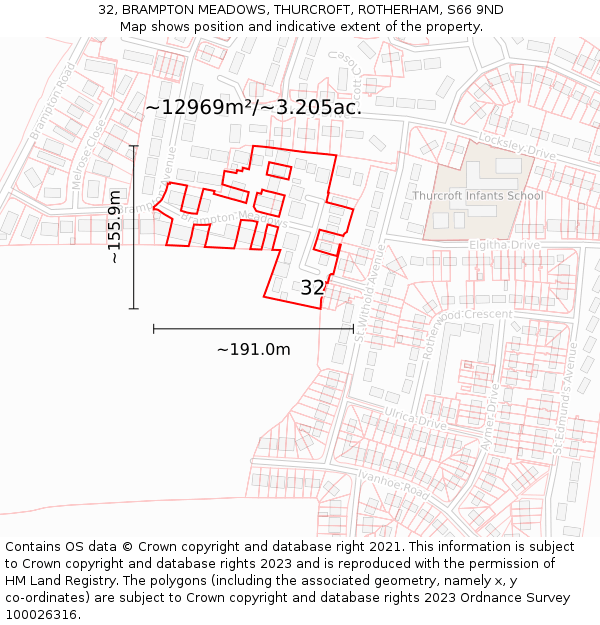 32, BRAMPTON MEADOWS, THURCROFT, ROTHERHAM, S66 9ND: Plot and title map