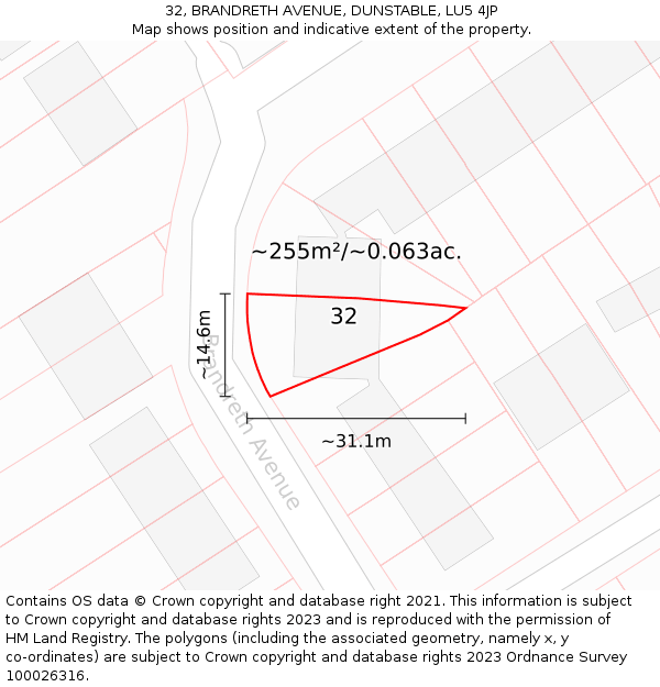 32, BRANDRETH AVENUE, DUNSTABLE, LU5 4JP: Plot and title map