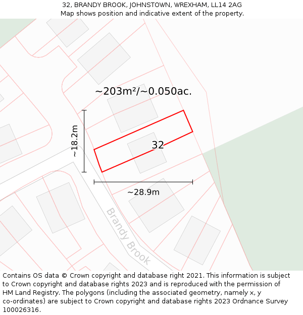 32, BRANDY BROOK, JOHNSTOWN, WREXHAM, LL14 2AG: Plot and title map