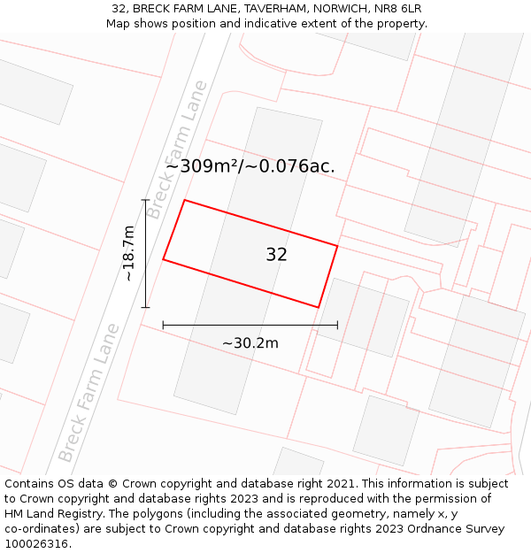 32, BRECK FARM LANE, TAVERHAM, NORWICH, NR8 6LR: Plot and title map
